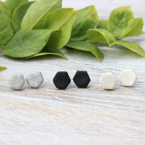 Silver, Black, and Pearl Clay Stud Earring Set